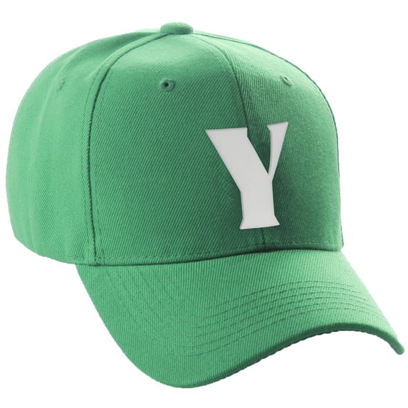 Daxton Structured Curve Visor Bill Baseball Hat 3D Capital Alphabet Letters, Kelly Hat White Letter Y