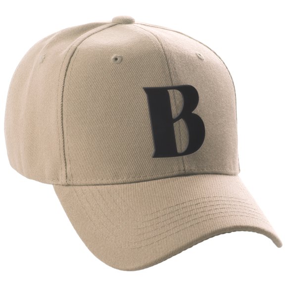 Daxton Structured Curve Visor Bill Baseball Hat 3D Capital Alphabet Letters, Khaki Hat Black Letter B