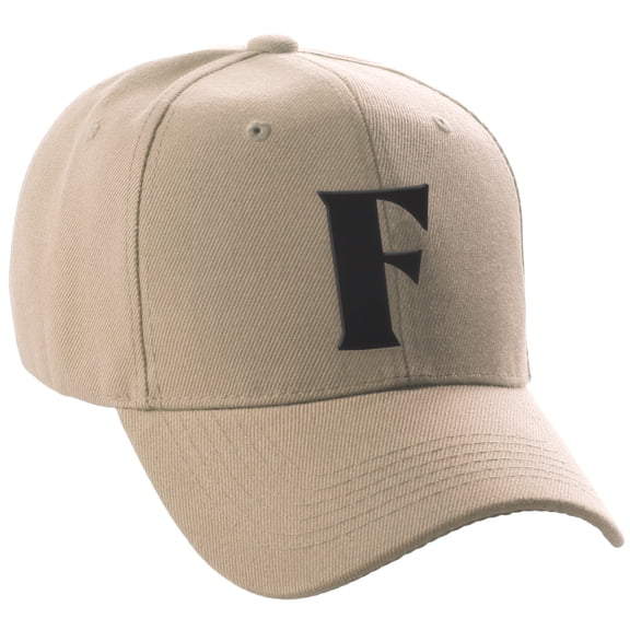 Daxton Structured Curve Visor Bill Baseball Hat 3D Capital Alphabet Letters, Khaki Hat Black Letter F