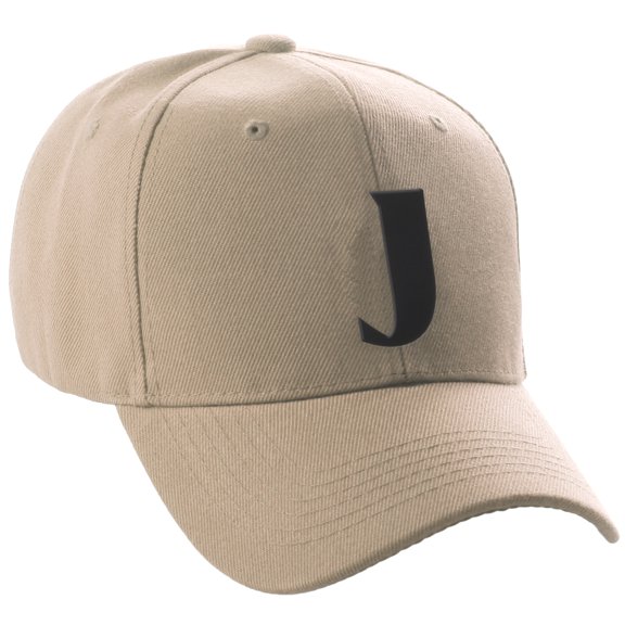 Daxton Structured Curve Visor Bill Baseball Hat 3D Capital Alphabet Letters, Khaki Hat Black Letter J