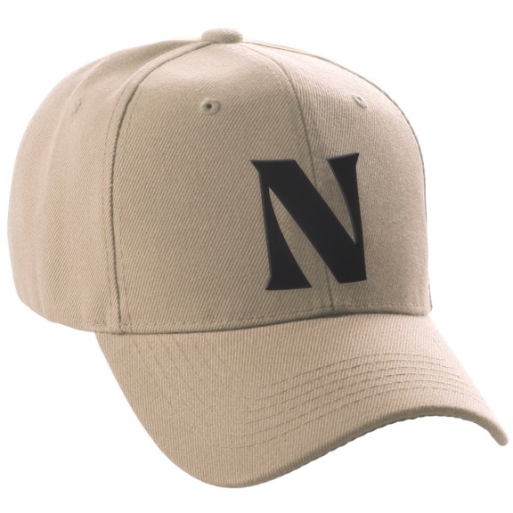 Daxton Structured Curve Visor Bill Baseball Hat 3D Capital Alphabet Letters, Khaki Hat Black Letter N