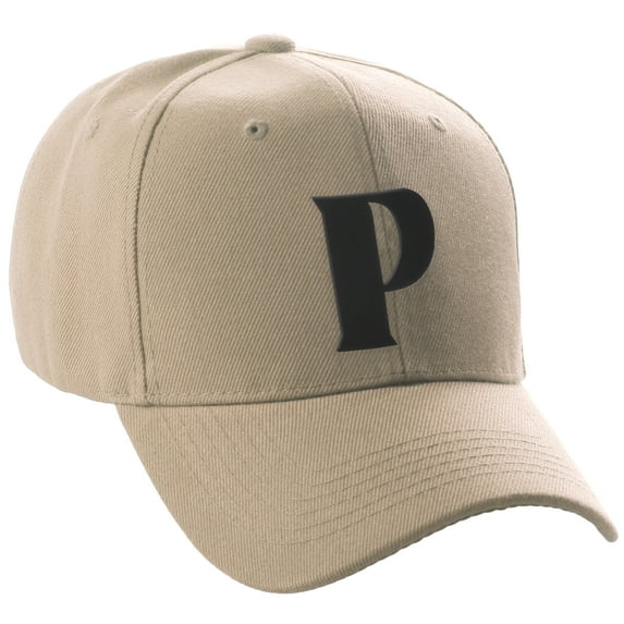 Daxton Structured Curve Visor Bill Baseball Hat 3D Capital Alphabet Letters, Khaki Hat Black Letter P