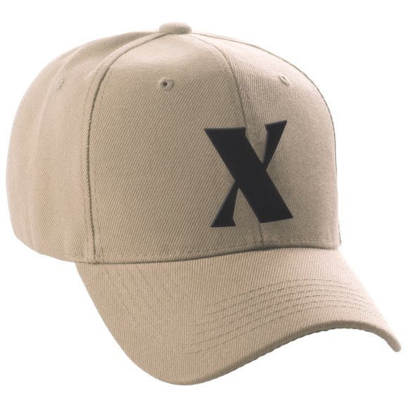 Daxton Structured Curve Visor Bill Baseball Hat 3D Capital Alphabet Letters, Khaki Hat Black Letter X