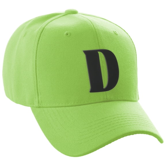Daxton Structured Curve Visor Bill Baseball Hat 3D Capital Alphabet Letters, Lime Hat Black Letter D