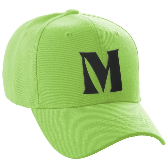 Daxton Structured Curve Visor Bill Baseball Hat 3D Capital Alphabet Letters, Lime Hat Black Letter M