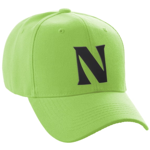 Daxton Structured Curve Visor Bill Baseball Hat 3D Capital Alphabet Letters, Lime Hat Black Letter N