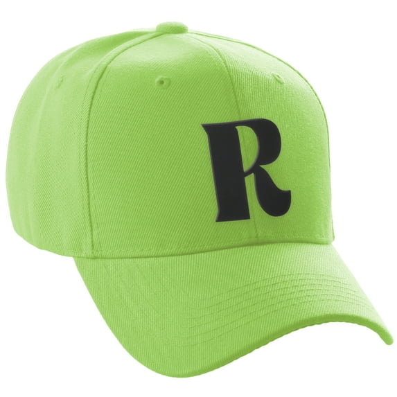 Daxton Structured Curve Visor Bill Baseball Hat 3D Capital Alphabet Letters, Lime Hat Black Letter R