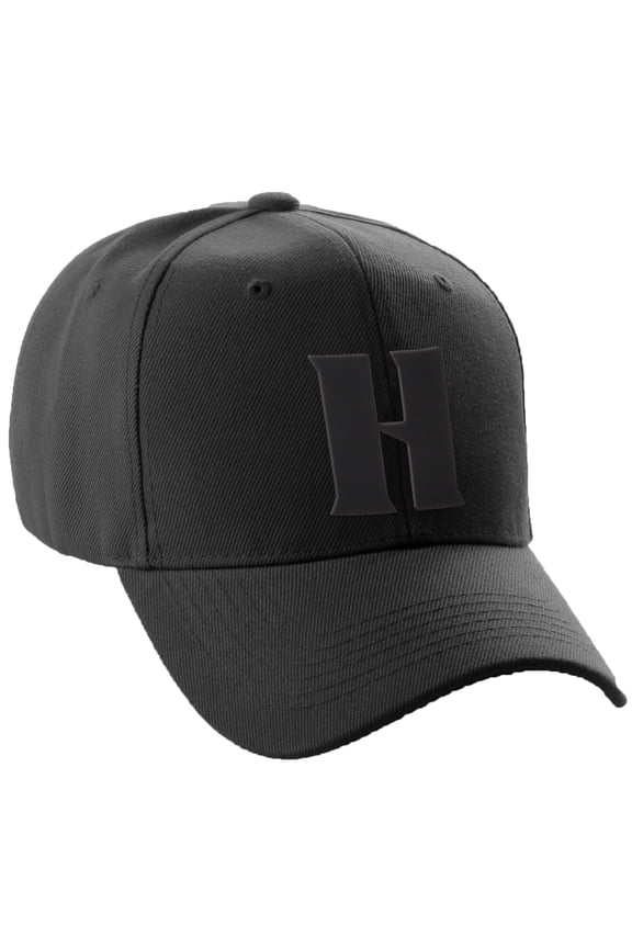 Structured Curve Visor Bill Baseball Hat 3D Capital Alphabet Letters, Monotone Black Hat Black Letter H
