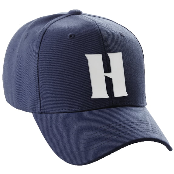 Daxton Structured Curve Visor Bill Baseball Hat 3D Capital Alphabet Letters, Navy Hat White Letter H