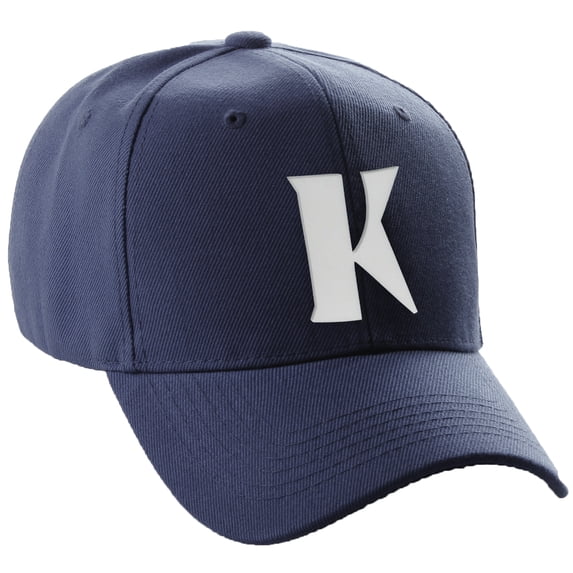 Daxton Structured Curve Visor Bill Baseball Hat 3D Capital Alphabet Letters, Navy Hat White Letter K