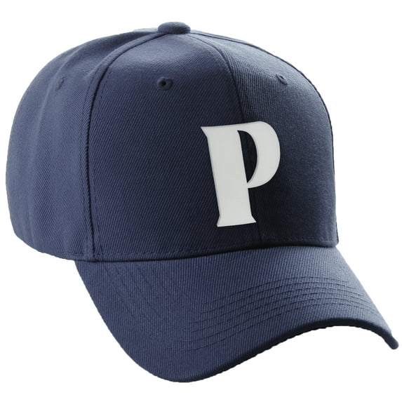 Daxton Structured Curve Visor Bill Baseball Hat 3D Capital Alphabet Letters, Navy Hat White Letter P
