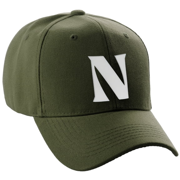 Daxton Structured Curve Visor Bill Baseball Hat 3D Capital Alphabet Letters, Olive Hat White Letter N
