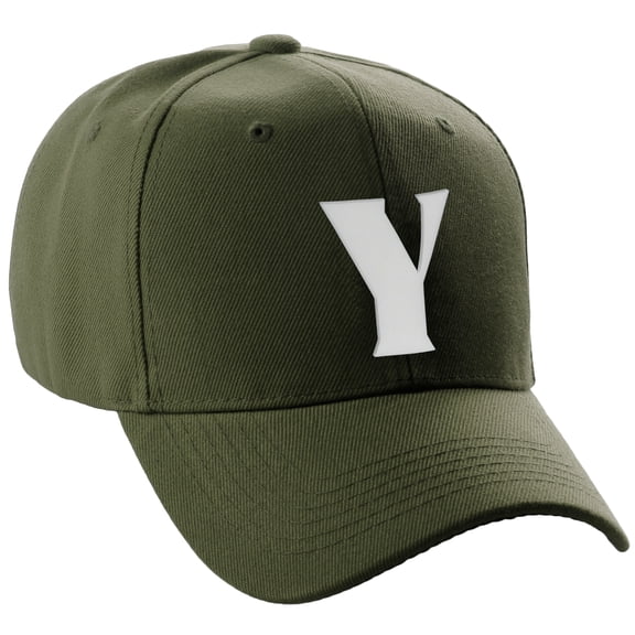 Daxton Structured Curve Visor Bill Baseball Hat 3D Capital Alphabet Letters, Olive Hat White Letter Y
