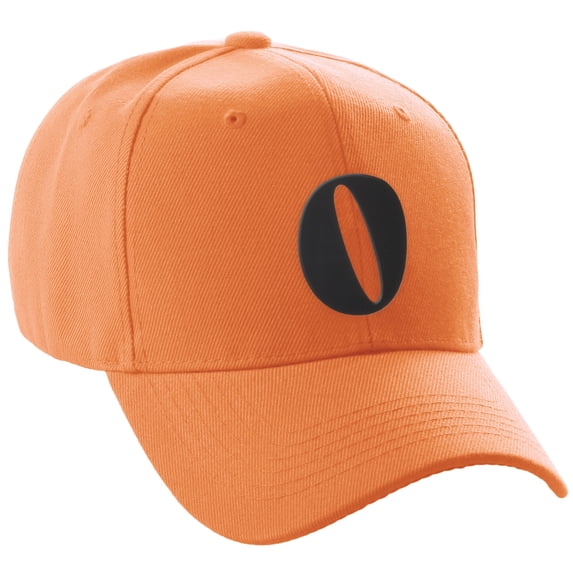 Daxton Structured Curve Visor Bill Baseball Hat 3D Capital Alphabet Letters, Orange Hat Black Letter O