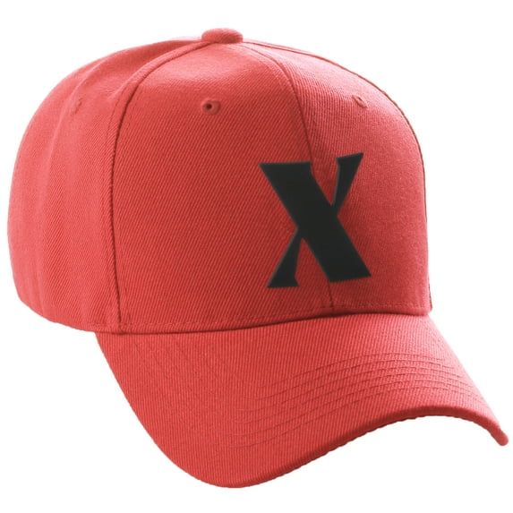 Daxton Structured Curve Visor Bill Baseball Hat 3D Capital Alphabet Letters, Red Hat Black Letter X