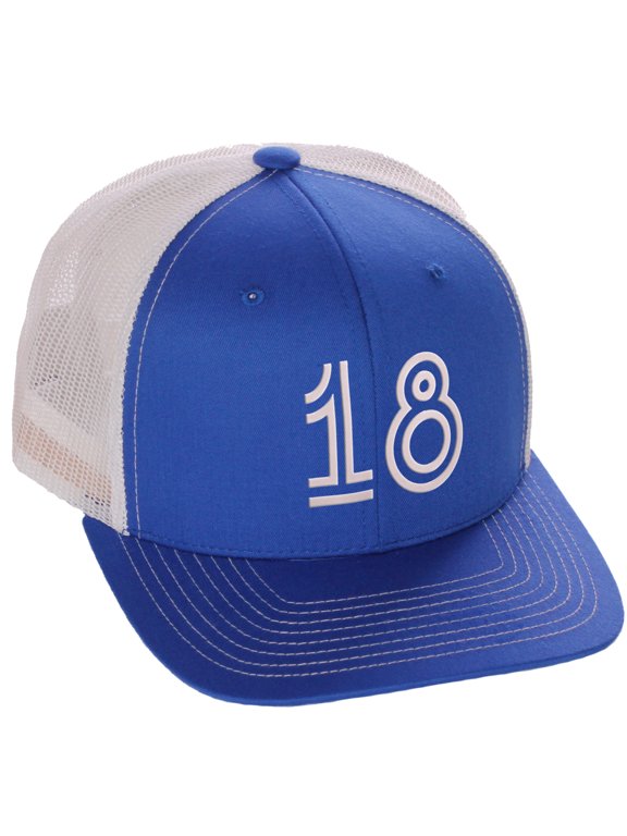Team Numbers Structured Trucker Mesh Hat Mid Profile Cap, Royal White, Number 18