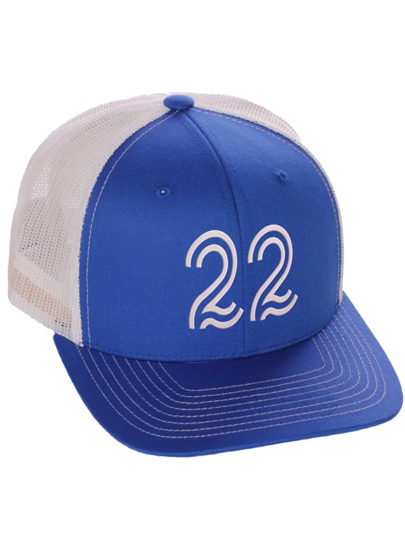 Team Numbers Structured Trucker Mesh Hat Mid Profile Cap, Royal White, Number 22
