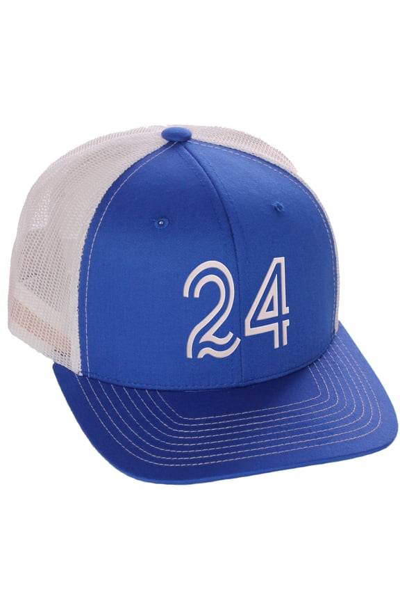 Team Numbers Structured Trucker Mesh Hat Mid Profile Cap, Royal White, Number 24