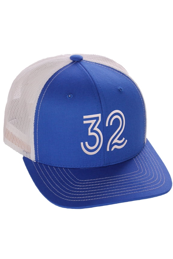 Team Numbers Structured Trucker Mesh Hat Mid Profile Cap, Royal White, Number 32