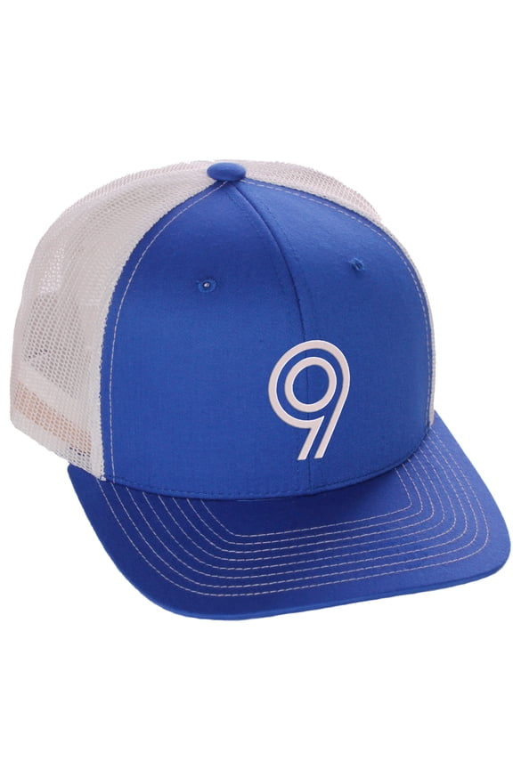 Team Numbers Structured Trucker Mesh Hat Mid Profile Cap, Royal White, Number 9