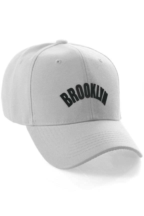 USA Cities States Baseball Hat Cap Arch Letters, Brooklyn White Black