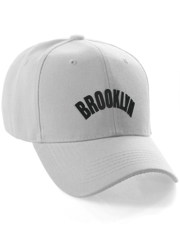 USA Cities States Baseball Hat Cap Arch Letters, Brooklyn White Black