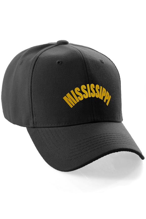 USA Cities States Baseball Hat Cap Arch Letters, Mississippi Black Gold