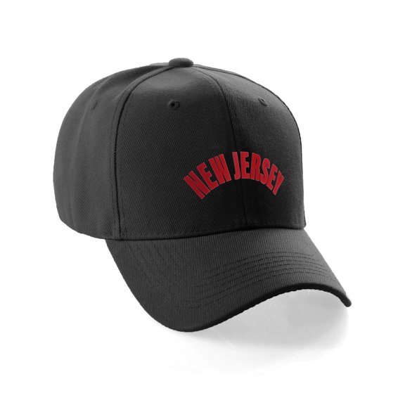 Daxton USA Cities States Baseball Hat Cap Arch Letters, New Jersey Black Red
