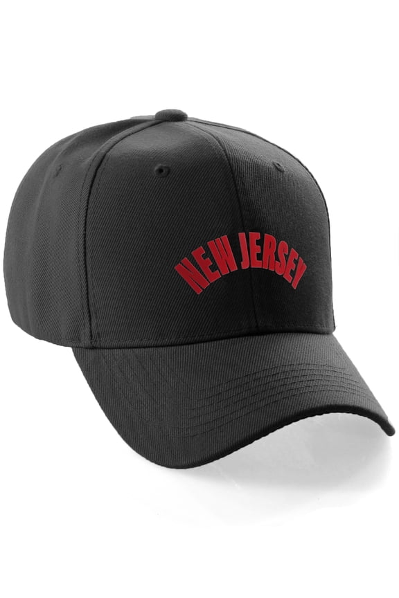 USA Cities States Baseball Hat Cap Arch Letters, New Jersey Black Red