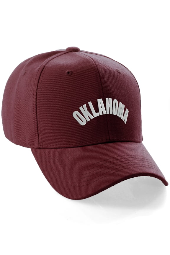 USA Cities States Baseball Hat Cap Arch Letters, Oklahoma Burgundy White