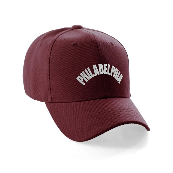 Daxton USA Cities States Baseball Hat Cap Arch Letters, Philadelphia Burgundy White