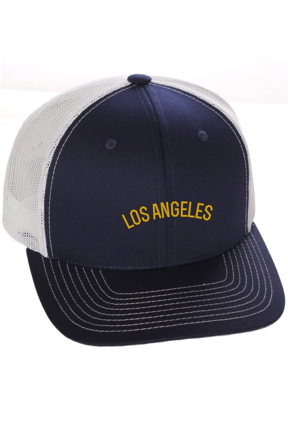 USA Cities Trucker Mesh Structured Hat Mid Profile Snapback Cap - Los Angeles Navy White Gold