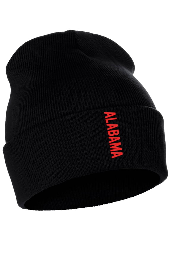Vertical USA Cities Cuffed Beanie Winter Knit Hat Skully Cap, Alabama Black Red