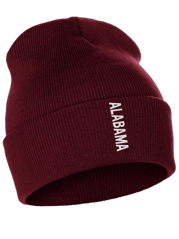 Vertical USA Cities Cuffed Beanie Winter Knit Hat Skully Cap, Alabama Burgundy White