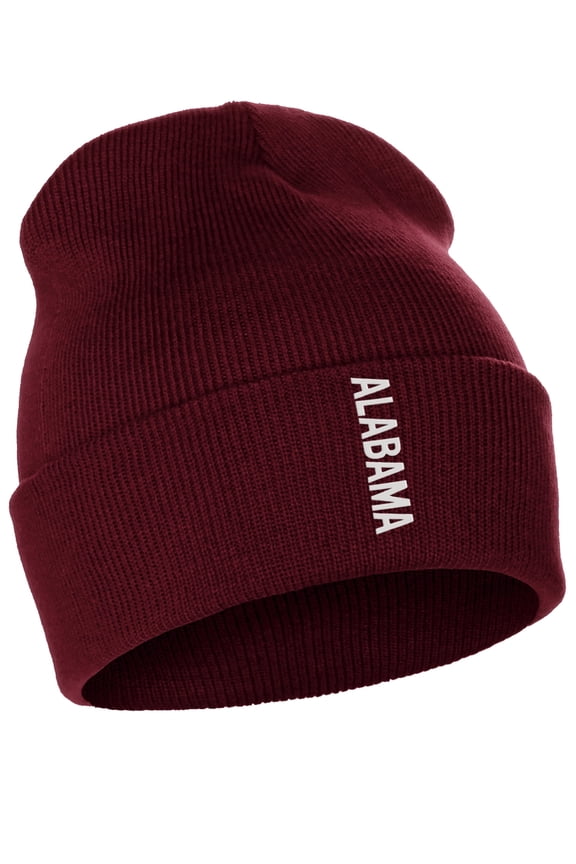 Vertical USA Cities Cuffed Beanie Winter Knit Hat Skully Cap, Alabama Burgundy White
