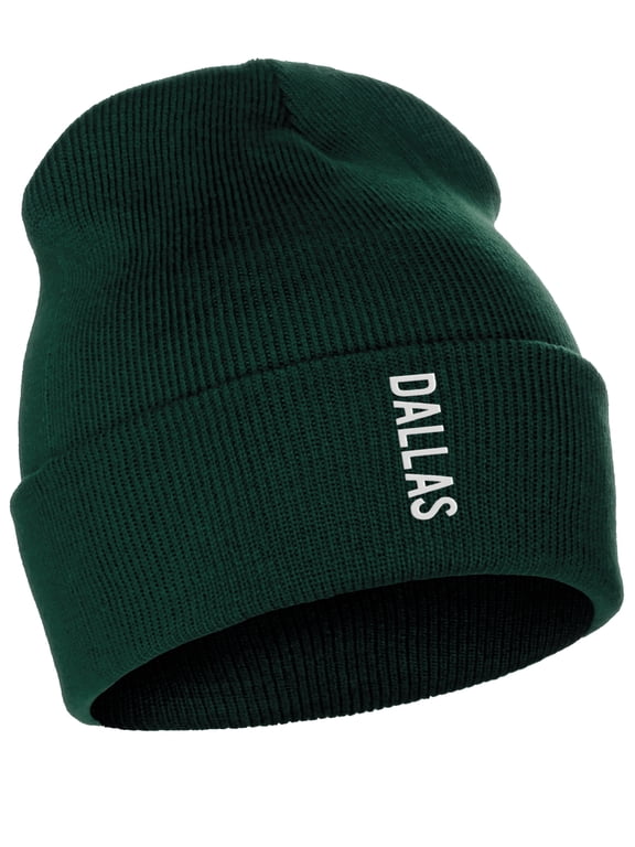 Vertical USA Cities Cuffed Beanie Winter Knit Hat Skully Cap, Dallas Hunter White