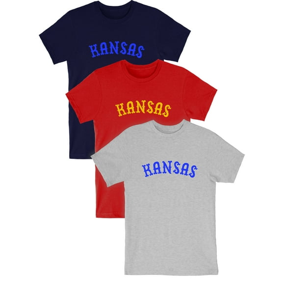 Daxton Vintage Western Arch Letters USA Cities Premium Short Sleeves Tshits, Kansas - NavRyl, RedGld, HgyRyl, L