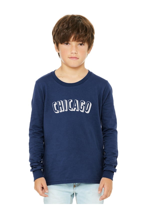 Youth Long Sleeve Chicago Basic Tshirt - Navy White, Medium