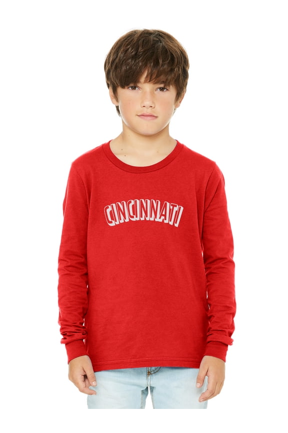 Youth Long Sleeve Cincinnati Basic Tshirt - Red White, Large