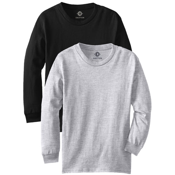 Daxton Youth Size Long Sleeve Tee Basic Tshirt Tops, 2Pk Black Heather Gray T Shirt, Size Medium