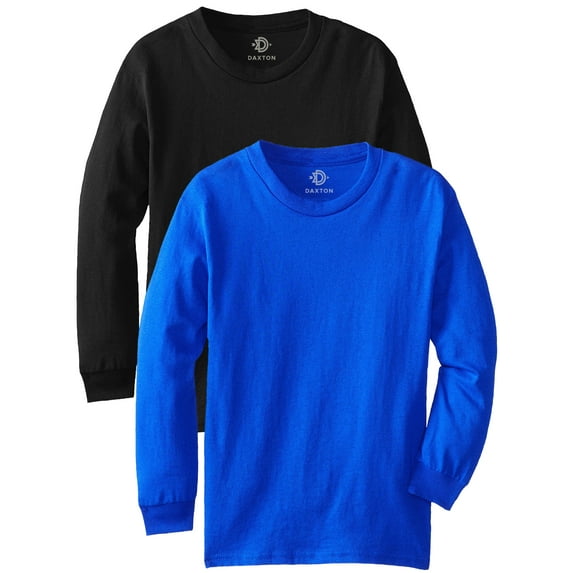 Daxton Youth Size Long Sleeve Tee Basic Tshirt Tops, 2Pk Black Royal T Shirt, Size Large