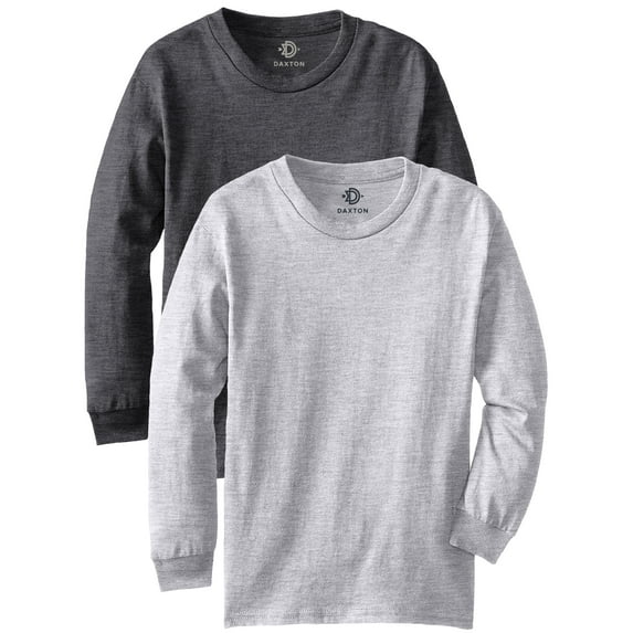 Daxton Youth Size Long Sleeve Tee Basic Tshirt Tops, 2Pk Heather Charcoal Heather Gray T Shirt, Size Large