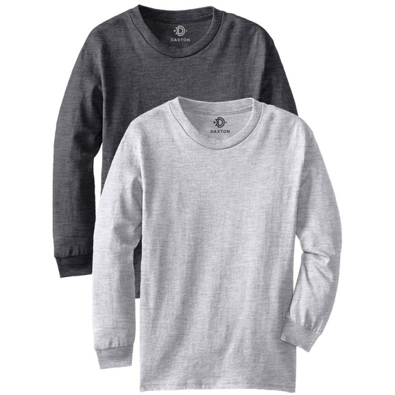 Daxton Youth Size Long Sleeve Tee, 2Pk Heather Charcoal Heather Gray T Shirt, Size Medium