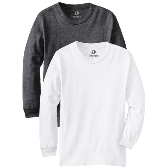 Daxton Youth Size Long Sleeve Tee Basic Tshirt Tops, 2Pk Heather Charcoal White T Shirt, Size Medium