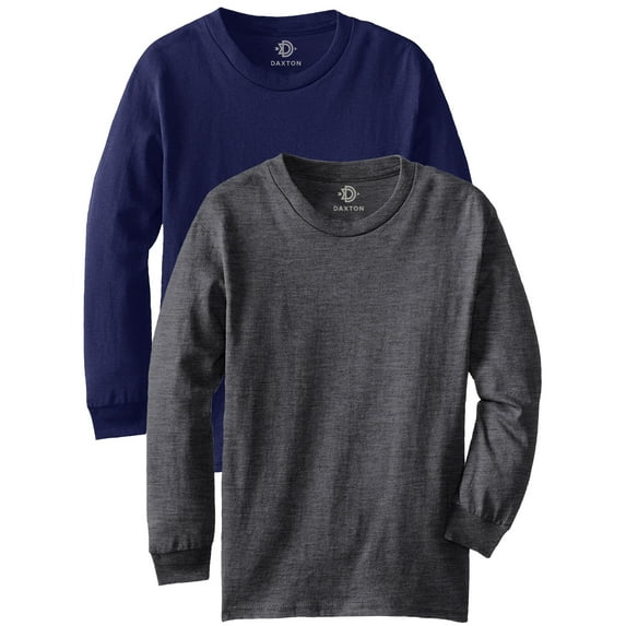Daxton Youth Size Long Sleeve Tee Basic Tshirt Tops, 2Pk Navy Heather Charcoal T Shirt, Size Medium