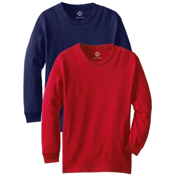 Daxton Youth Size Long Sleeve Tee Basic Tshirt Tops, 2Pk Navy Red T Shirt, Size X-Large