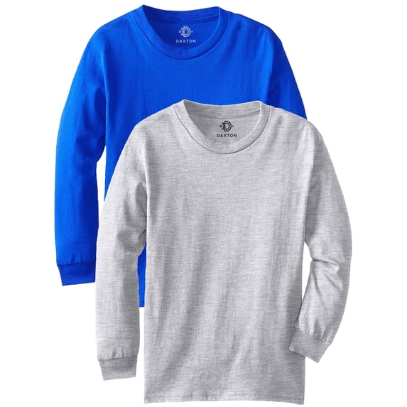Daxton Youth Size Long Sleeve Tee Basic Tshirt Tops, 2Pk Royal Heather Gray T Shirt, Size X-Large