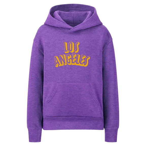 Daxton Youth Unisex Pullover Cities States Hoodie Mid-Weight Fleece Sweater - Los Angeles Heather Purple Gold, S