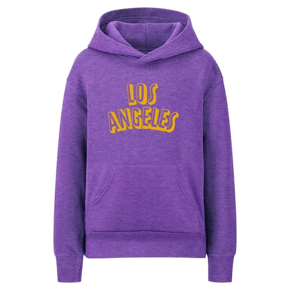 Daxton Youth Unisex Pullover Cities States Hoodie Mid-Weight Fleece Sweater - Los Angeles Heather Purple Gold, XS