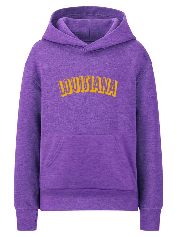 Youth Unisex Pullover Cities States Hoodie Mid-Weight Fleece Sweater - Lousiana Heather Purple Gold, S
